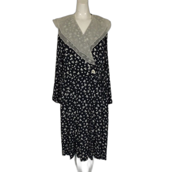 LESLIE FAY Dress, 10, Navy Blue/Bow Print, Sheer layered Collar, Wrap Front - Picture 14 of 14